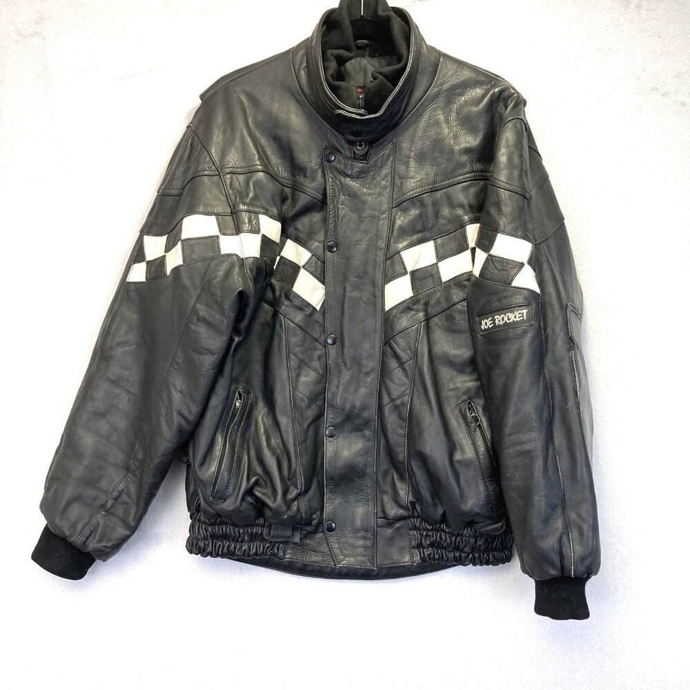 Vintage Joe Rocket Leather Checkered Motorcycle Jacket Mens Large L Moto Padded